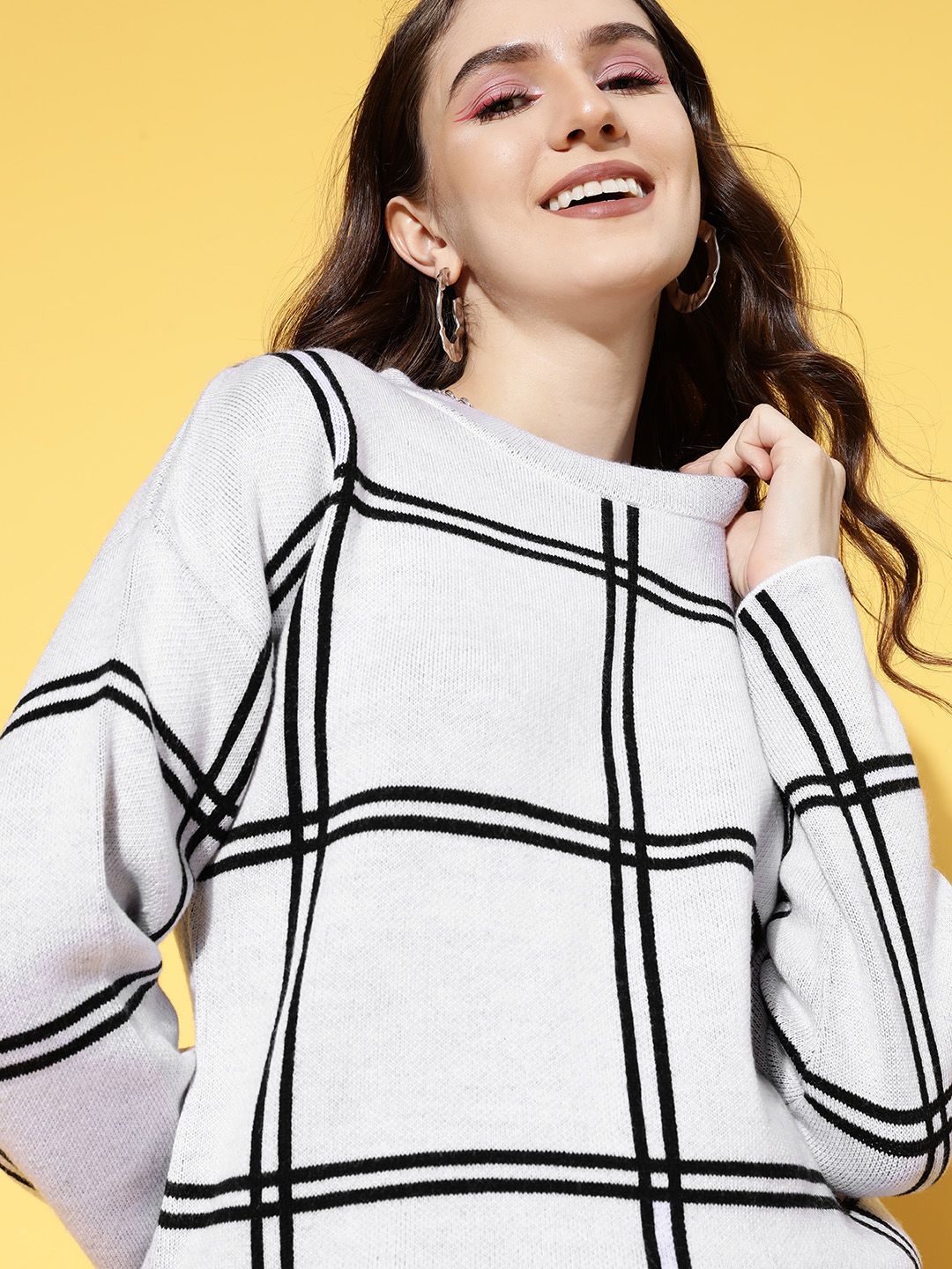 Berrylush Women Grey Checked Knits Bits Sweater