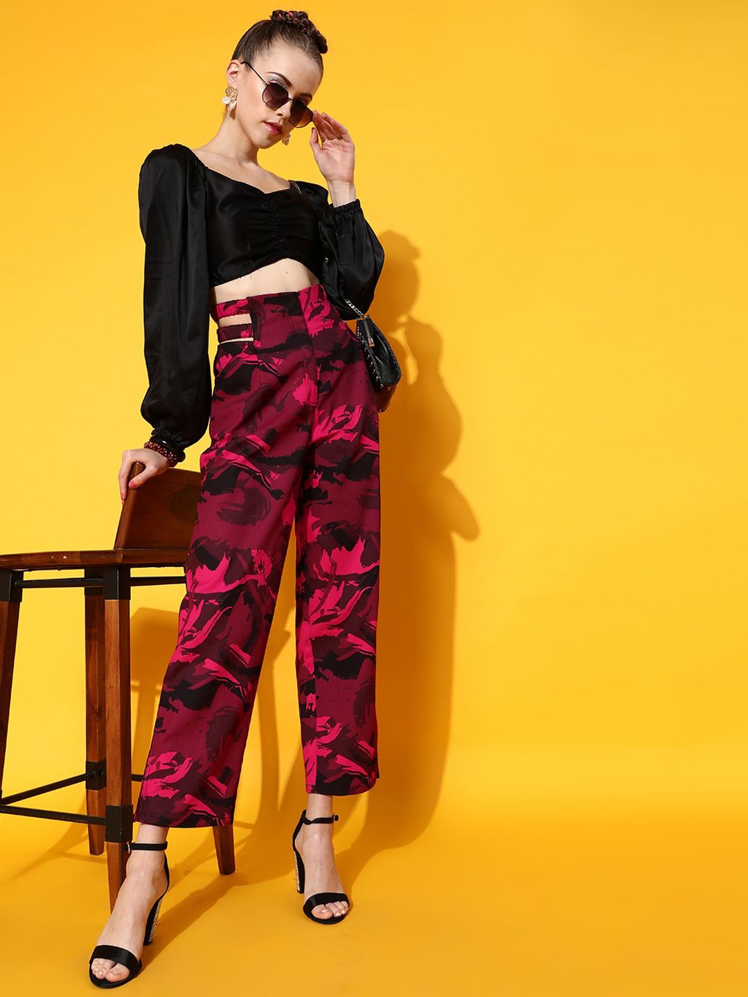 STREET 9 Women Maroon Abstract Smart Straight Fit High-Rise Trousers