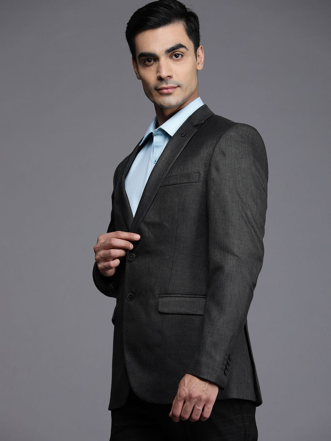 Raymond Men Charcoal Grey Slim Fit Self Design Single-Breasted Formal Blazer