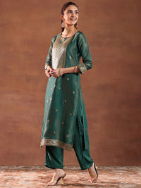 Libas Green and Gold Ethnic Motifs Woven Design Straight Kurta with Trouser & Dupatta