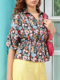 DressBerry Floral Allure Printed Dobby Weave Cinched Waist Top