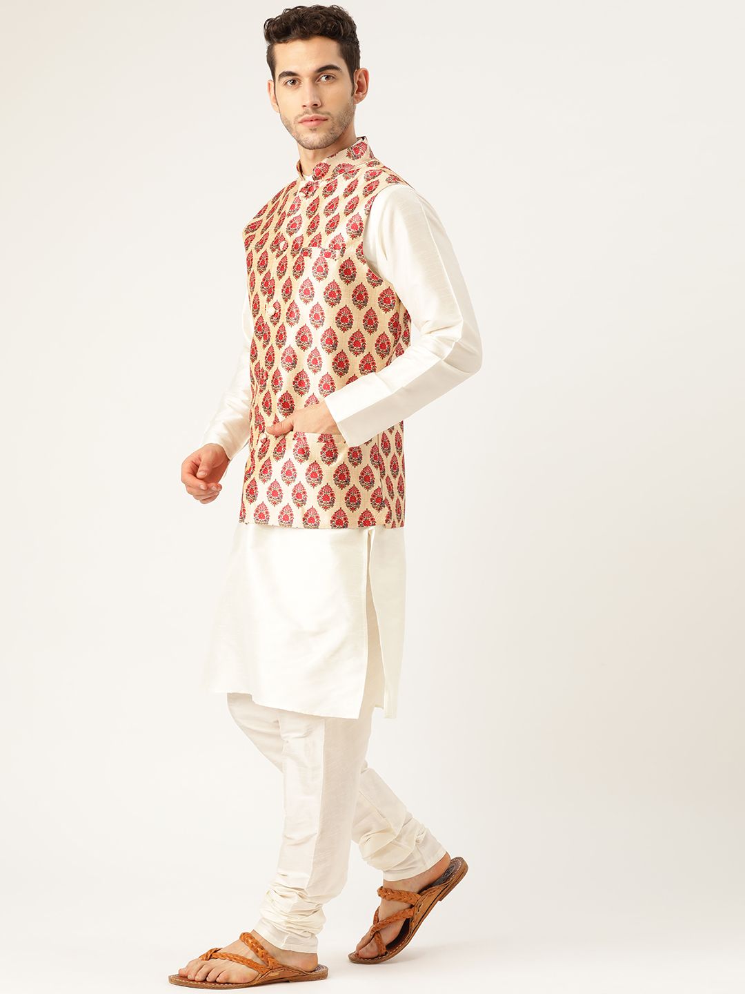 SOJANYA Men Off-White & Red Solid Kurta Set with Nehru Jacket