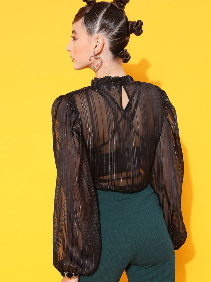 STREET 9 Black Embellished Georgette Blouson Frilled Neck Top