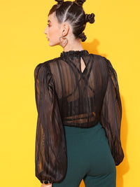 STREET 9 Black Embellished Georgette Blouson Frilled Neck Top