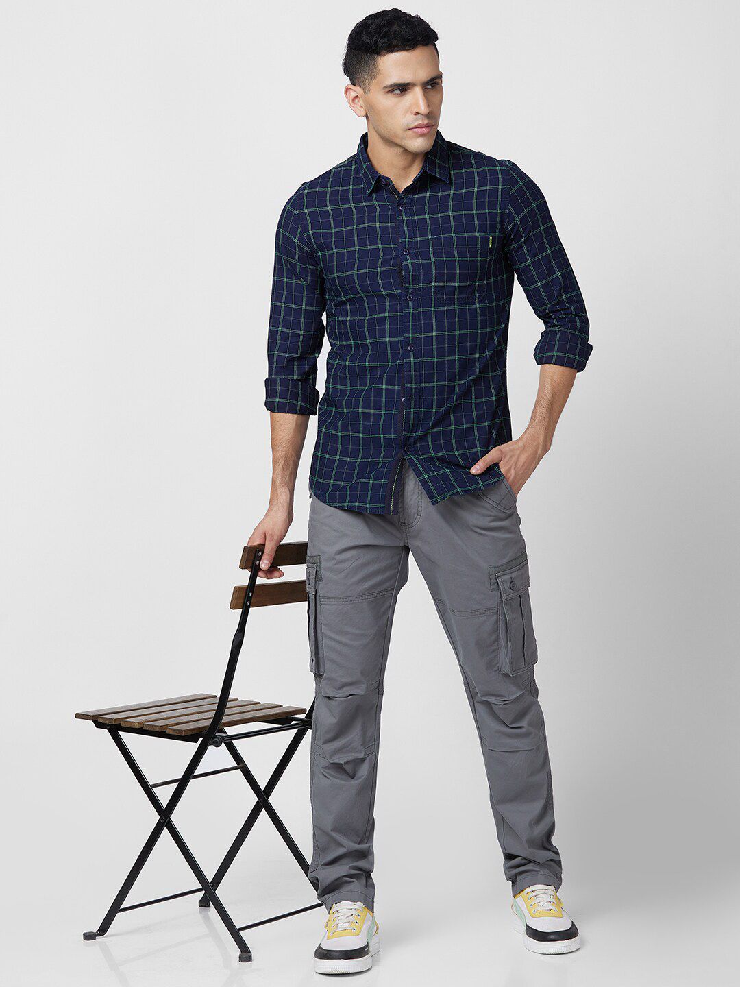 SPYKAR Slim Fit Tartan Checks Baju Kasual Kapas Legap