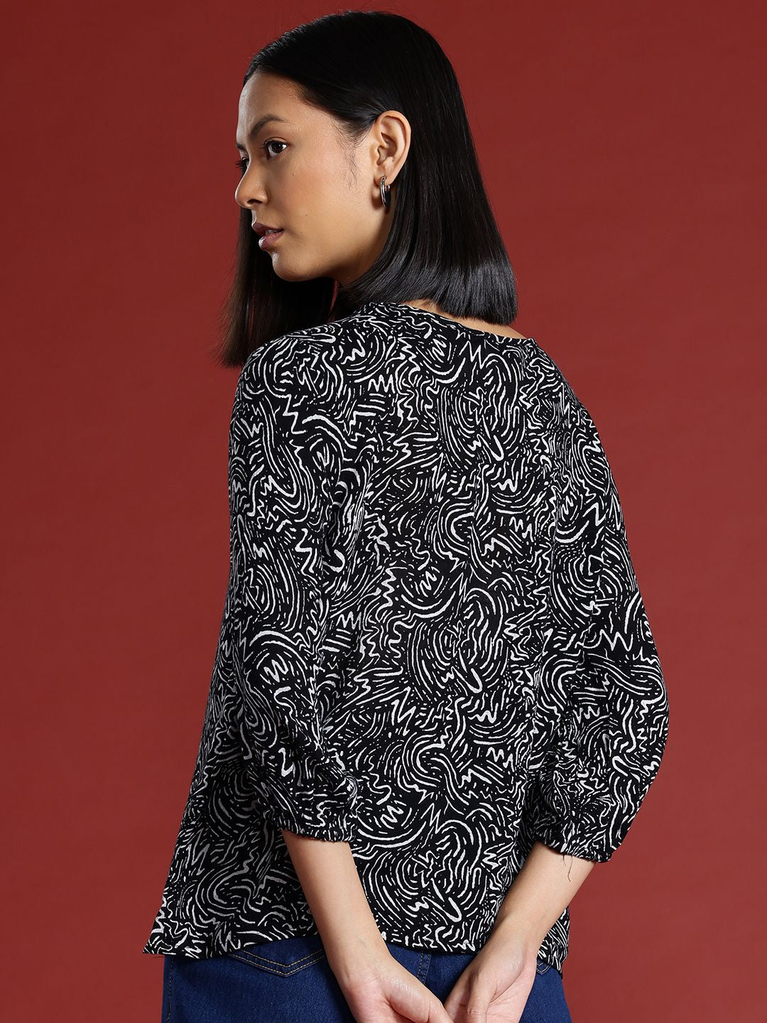 all about you Printed Tie-Up Neck Puff Sleeves Top