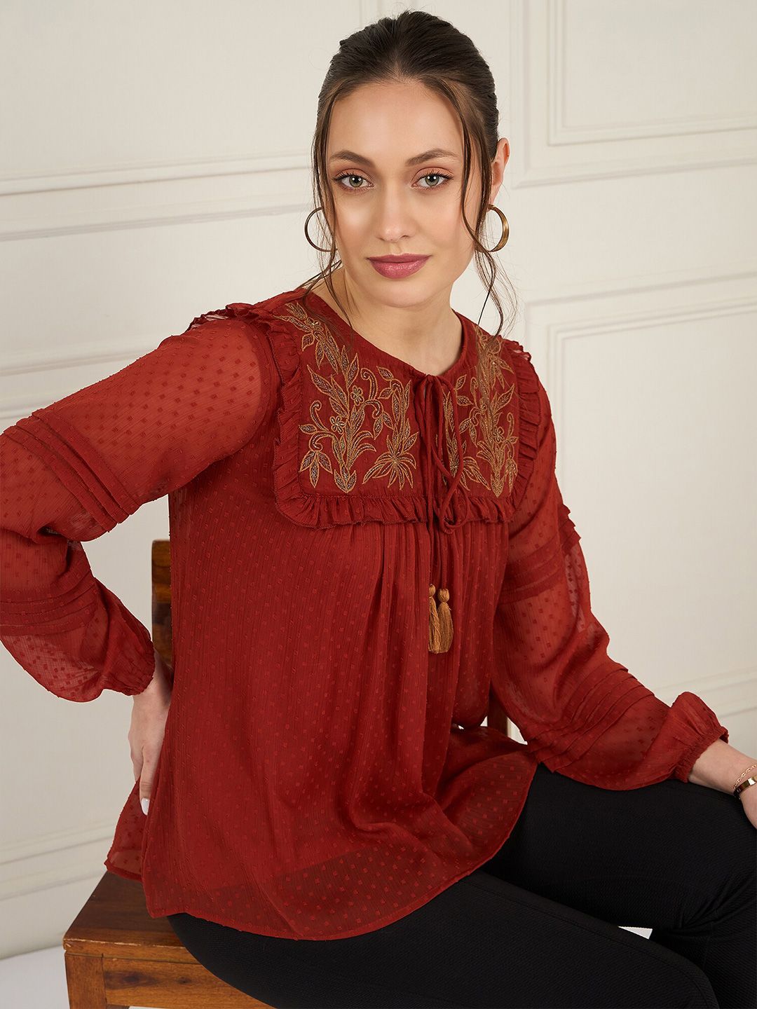 Antheaa Tie-Up Neck Puff Sleeve Chiffon Top