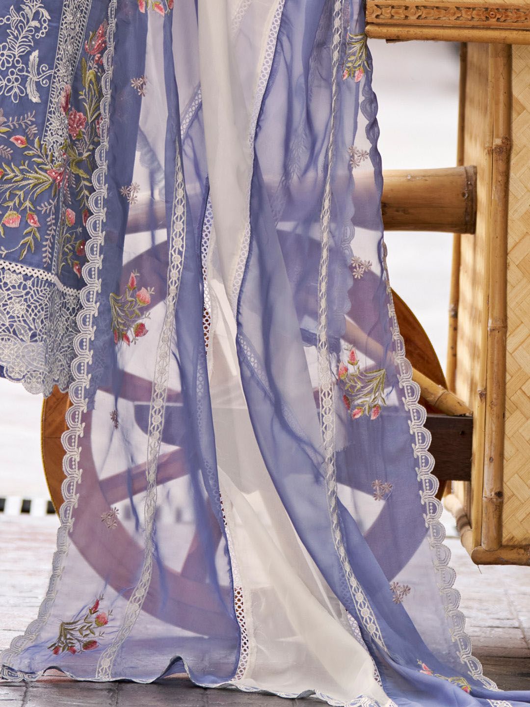 Indo Era Floral Embroidered Round Neck Thread Work Straight Kurta With Trousers & Dupatta