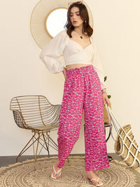 Berrylush Women Pink Floral Print High-Rise Pleated Parallel Trousers
