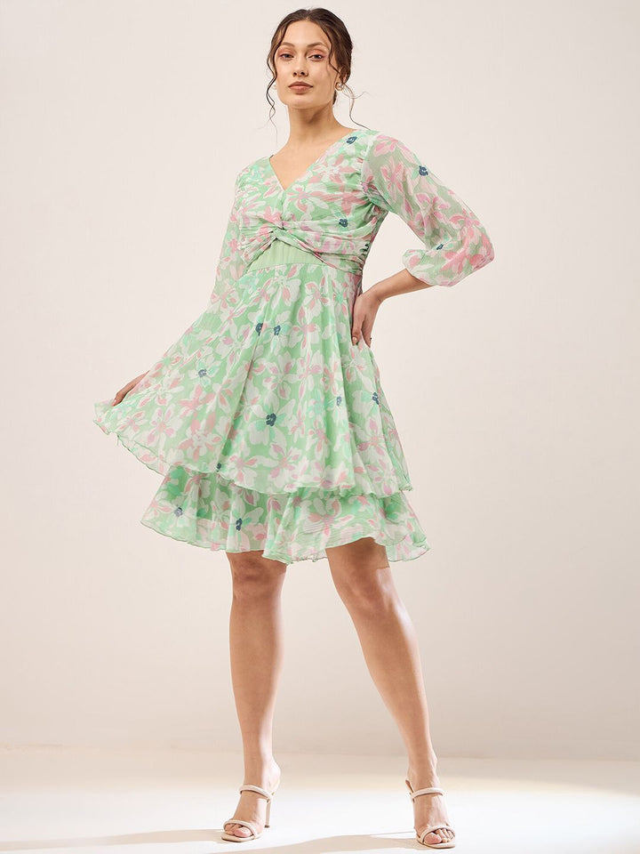 Antheaa Green Floral Printed Puff Sleeves Gathered Smocked Fit & Flare Dress