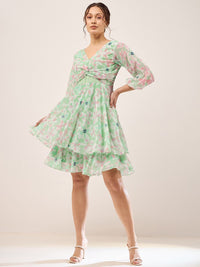 Antheaa Green Floral Printed Puff Sleeves Gathered Smocked Fit & Flare Dress