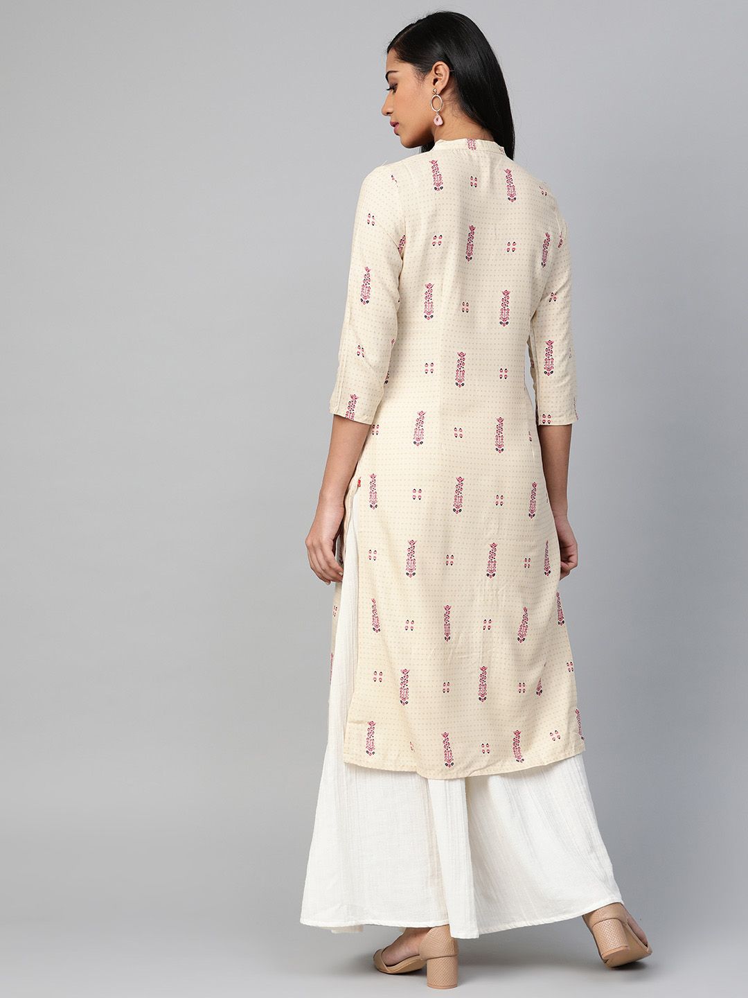 W Women Beige & Pink Printed Straight Kurta