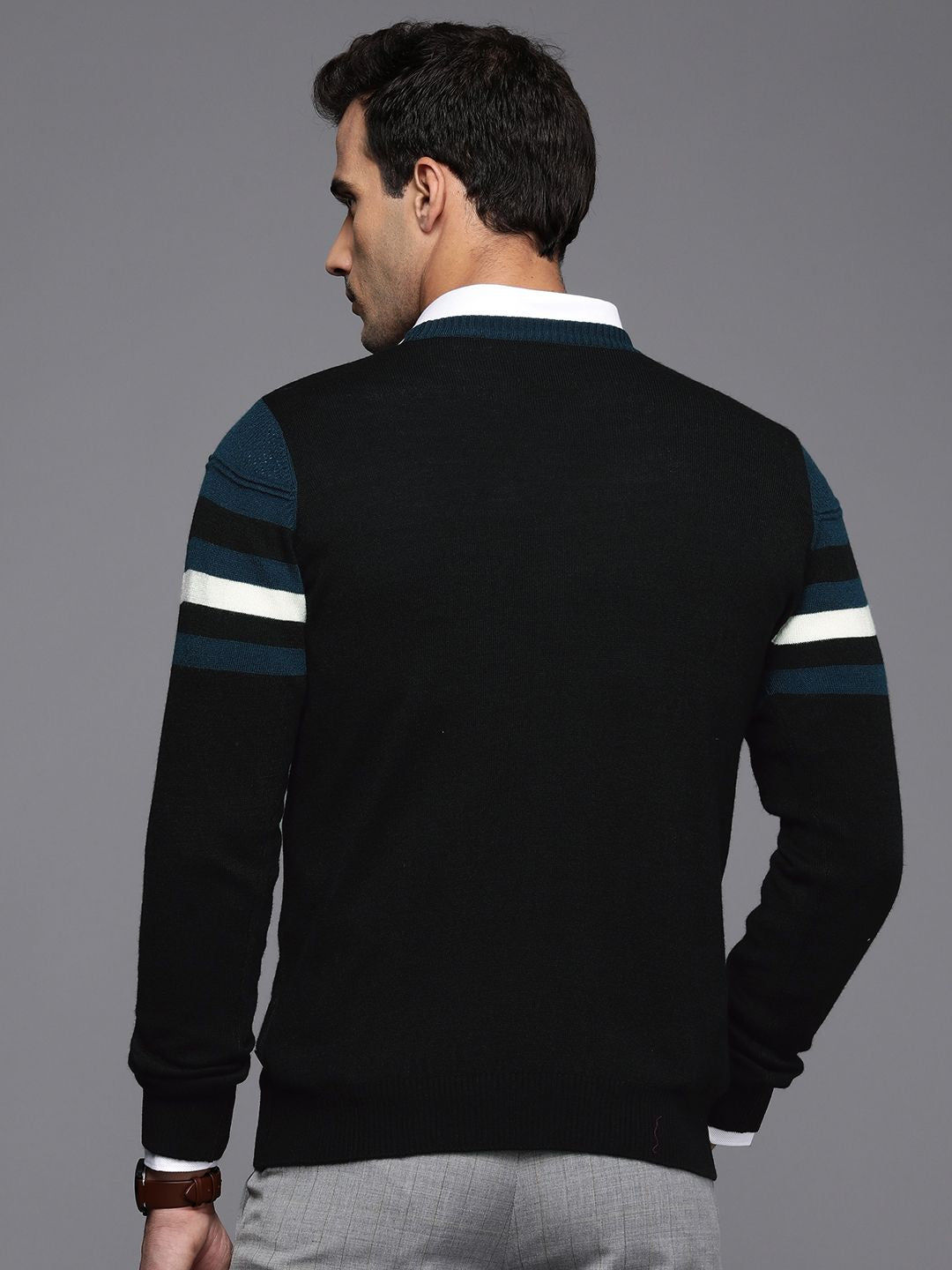 Raymond Men Black & White Striped Round Neck Long Sleeves Pullover