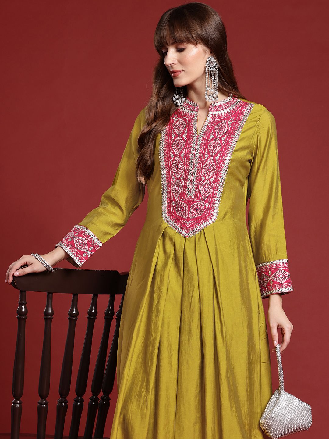 Indo Era Mirror Work Embroidered Pleated Work Kurta with Trousers
