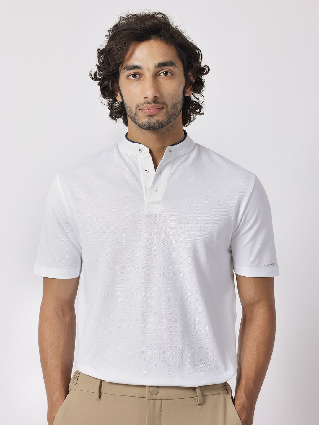 RARE RABBIT Men Barrie Mandarin Collar Cotton Slim Fit T-Shirt