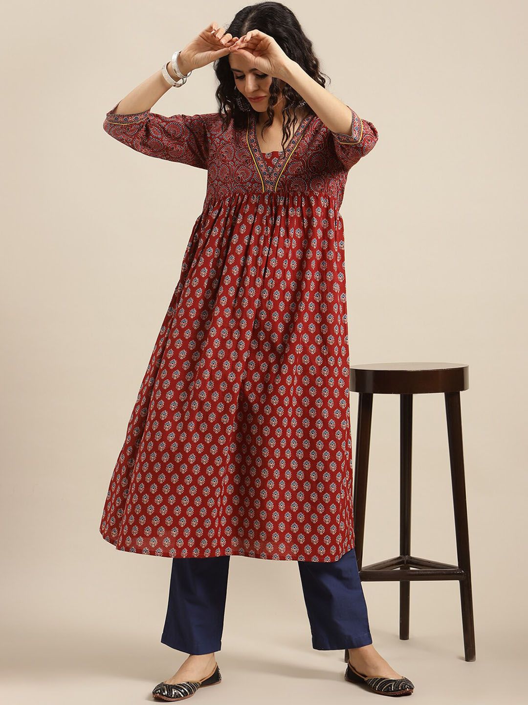 Varanga Women Maroon Ethnic Motifs Printed Kurta