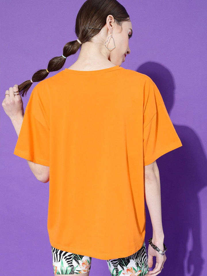STREET 9 Women Orange Printed Oversized Pure Cotton Outdoor T-shirt