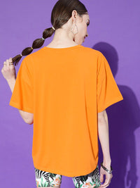 STREET 9 Women Orange Printed Oversized Pure Cotton Outdoor T-shirt