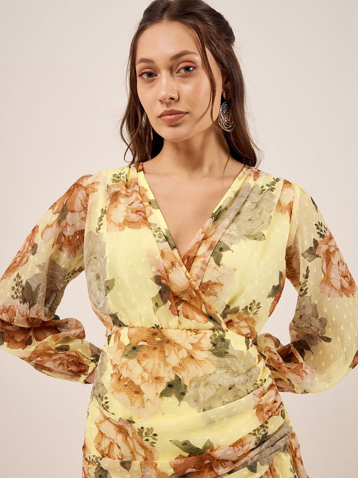 Antheaa Yellow Floral Printed Puff Sleeves Gathered Ruched Chiffon Wrap Dress