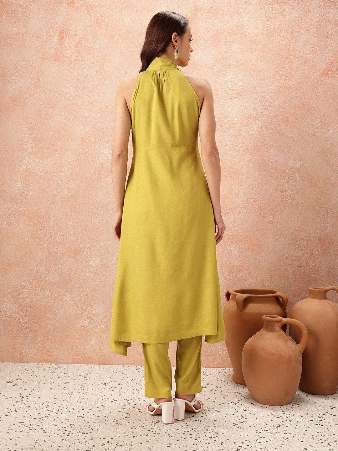 all about you Tie-Up Detail Halter Neck Empire-Style A-Line Kurta with Trousers