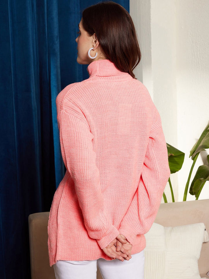 Berrylush Ribbed High Neck Split Hem Acrylic Pullover Sweater