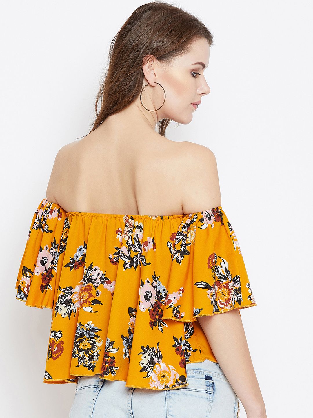 Berrylush Women Mustard Floral Printed Bardot Top