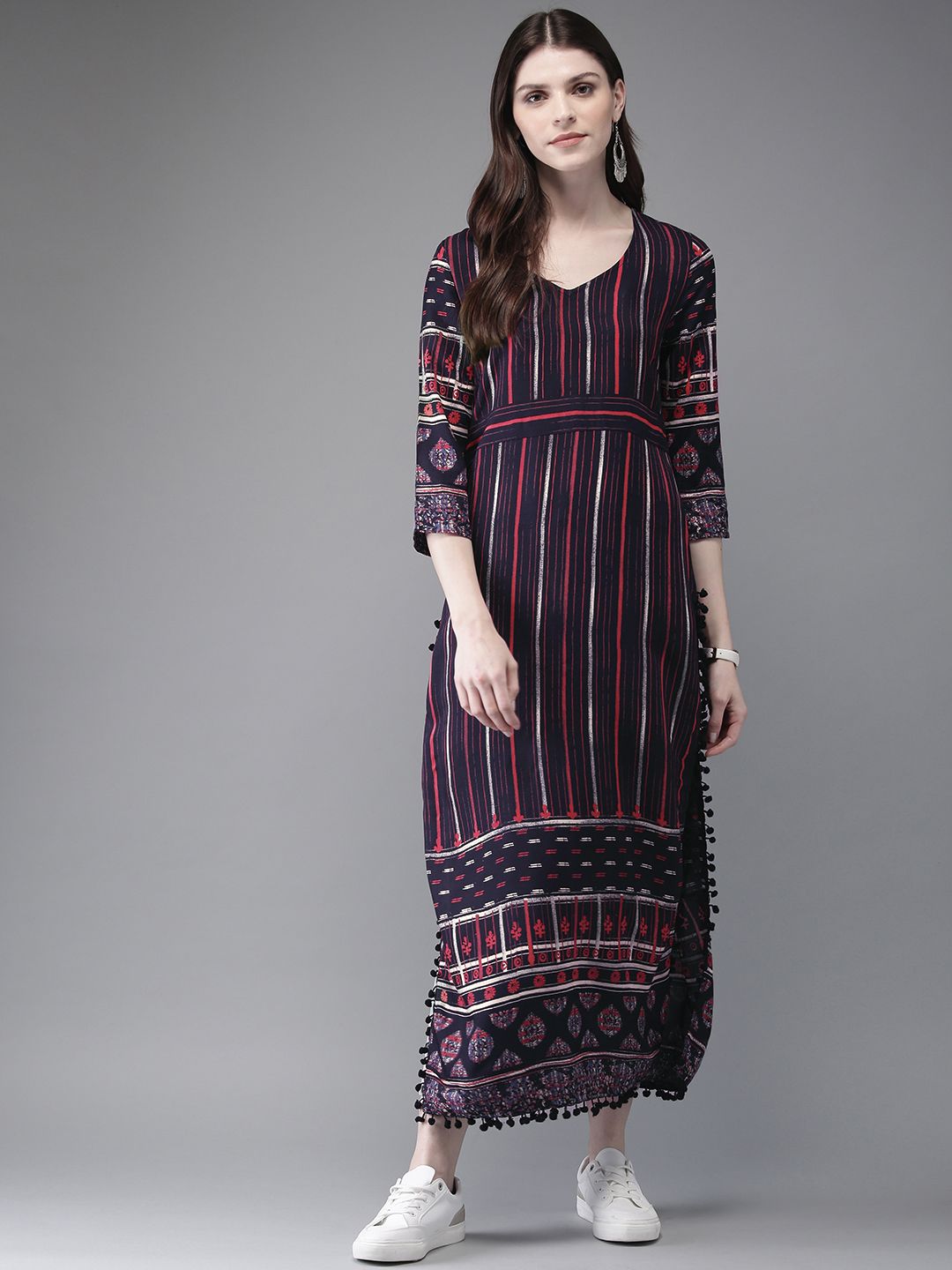 Anouk Navy Blue Striped Rayon Straight Kurta With Pompom Lace Hem