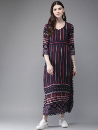 Anouk Navy Blue Striped Rayon Straight Kurta With Pompom Lace Hem