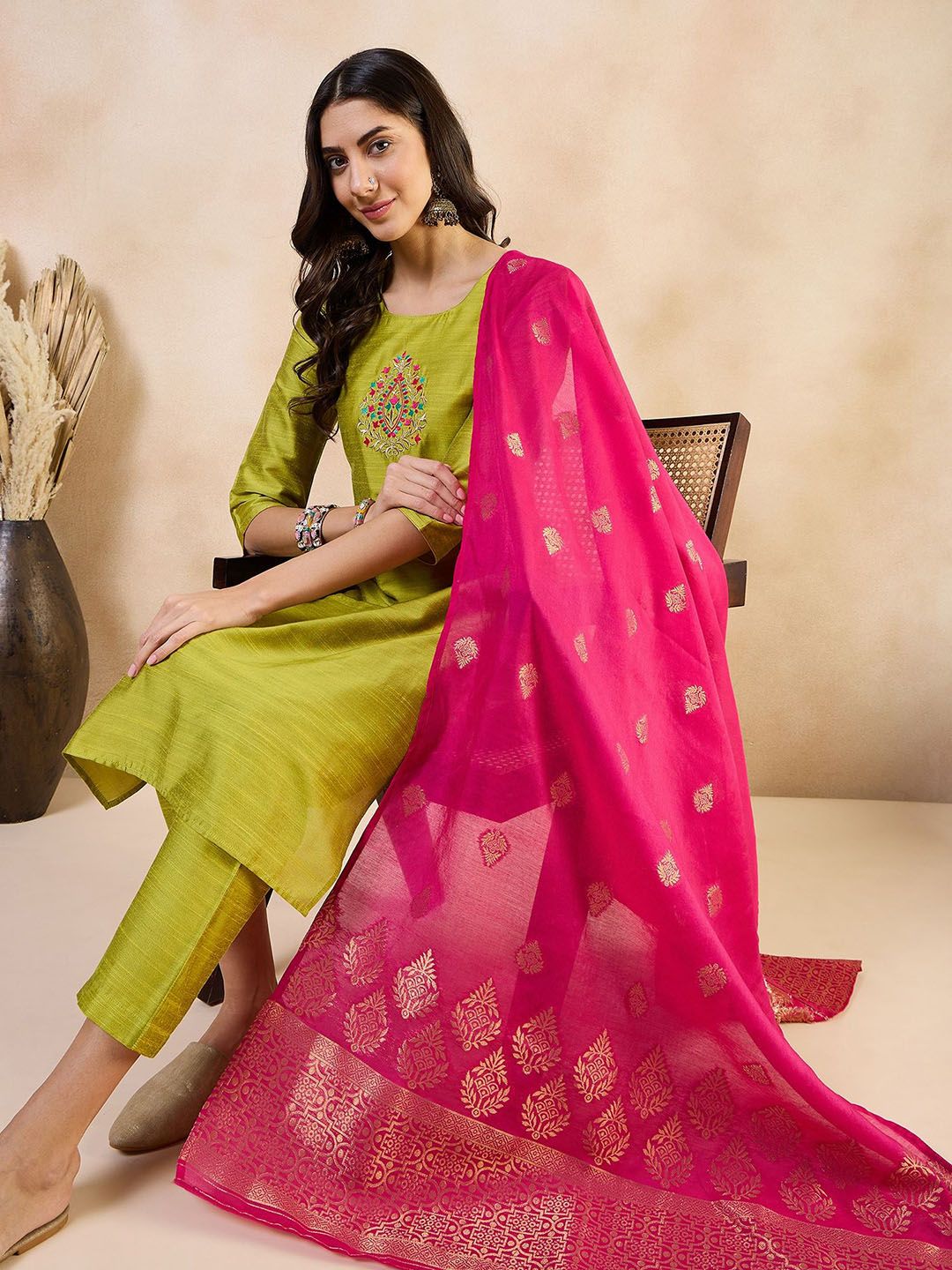 Anouk Green Floral Yoke Design Straight Kurta With Trousers & Dupatta