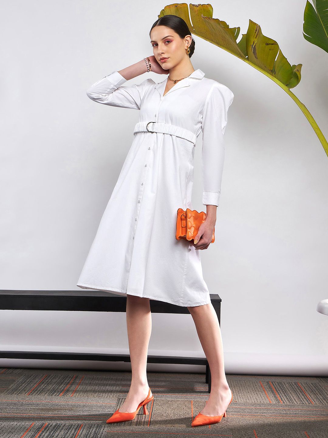SASSAFRAS White Puff Sleeve Belted Shirt Style Midi Dress
