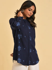 W Blue Ethnic Motifs Printed Casual Shirt