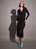 SASSAFRAS Black Ribbed Sheath Midi Dress