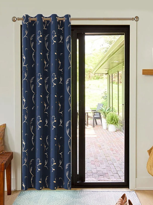 URBAN SPACE Navy Blue & White Floral Printed Black Out Long Door Curtain