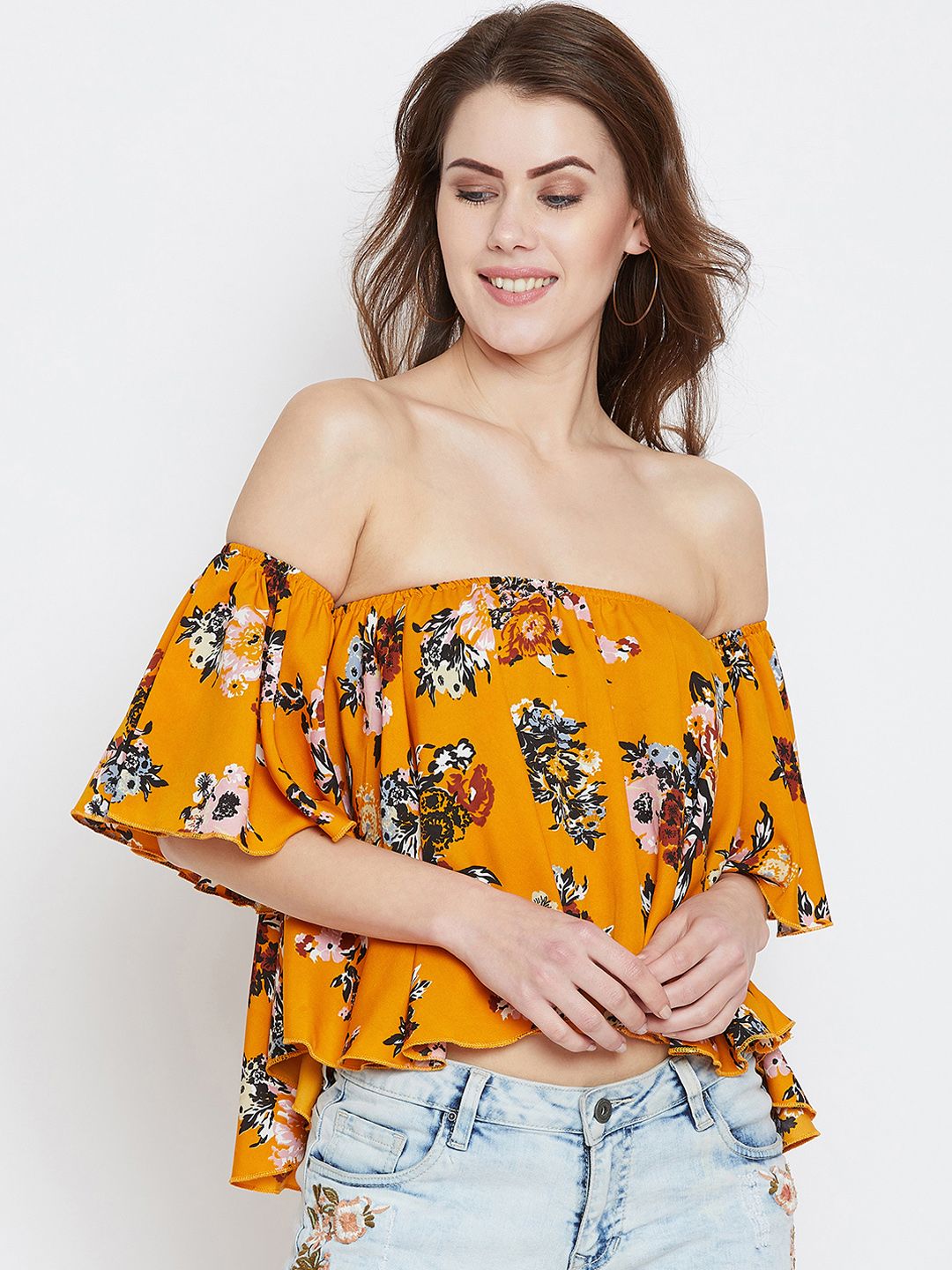 Berrylush Women Mustard Floral Printed Bardot Top