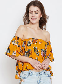 Berrylush Women Mustard Floral Printed Bardot Top