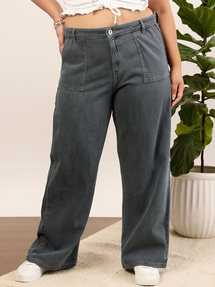 CURVY STREET Women Plus Size Grey Mid-Rise Clean Look Pure Cotton Wide Leg Jeans