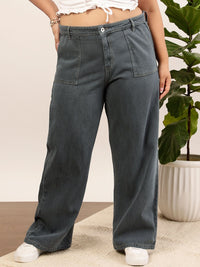 CURVY STREET Women Plus Size Grey Mid-Rise Clean Look Pure Cotton Wide Leg Jeans