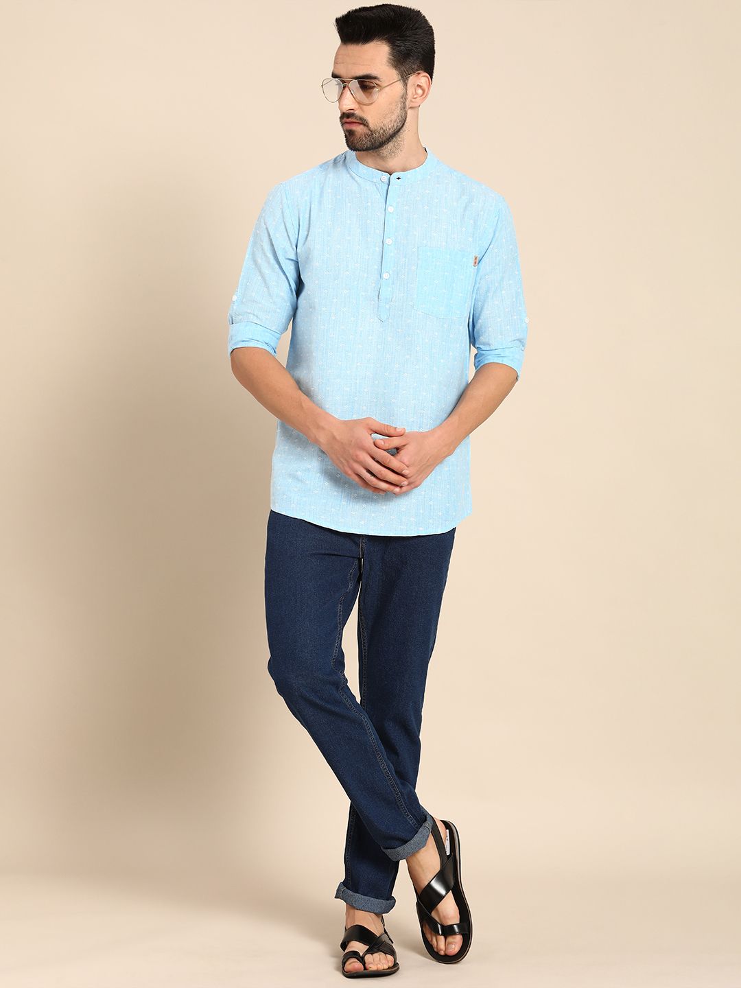 Anouk Men Blue Woven Design Pure Cotton Short Kurta