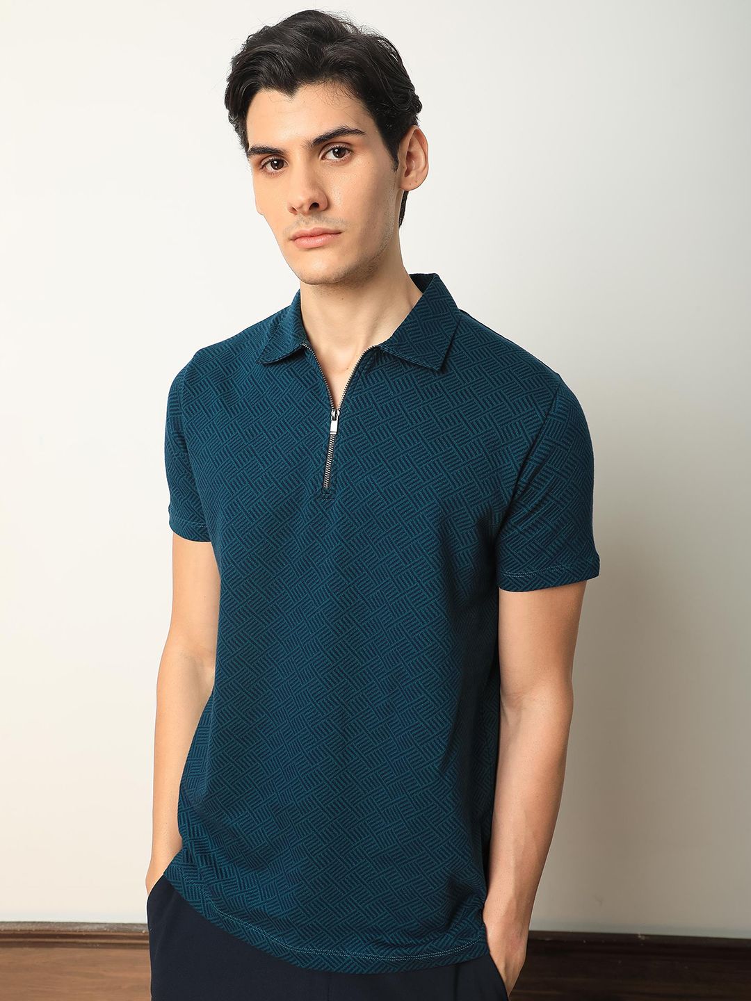 RARE RABBIT Men Cabetta Geometric Printed Polo Collar Cotton Slim Fit T-Shirt