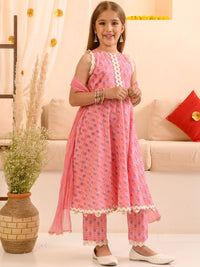 pspeaches Girls Ethnic Motifs Printed Pure Cotton Kurta With Trousers & With Dupatta