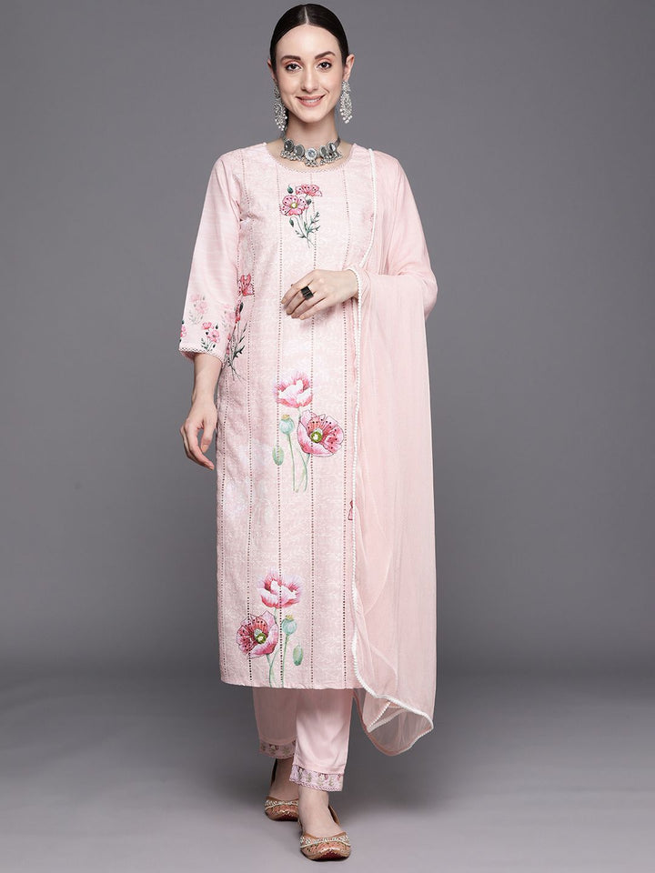 Indo Era Floral Embroidered Regular Thread Work Pure Cotton Kurta With Trousers & Dupatta