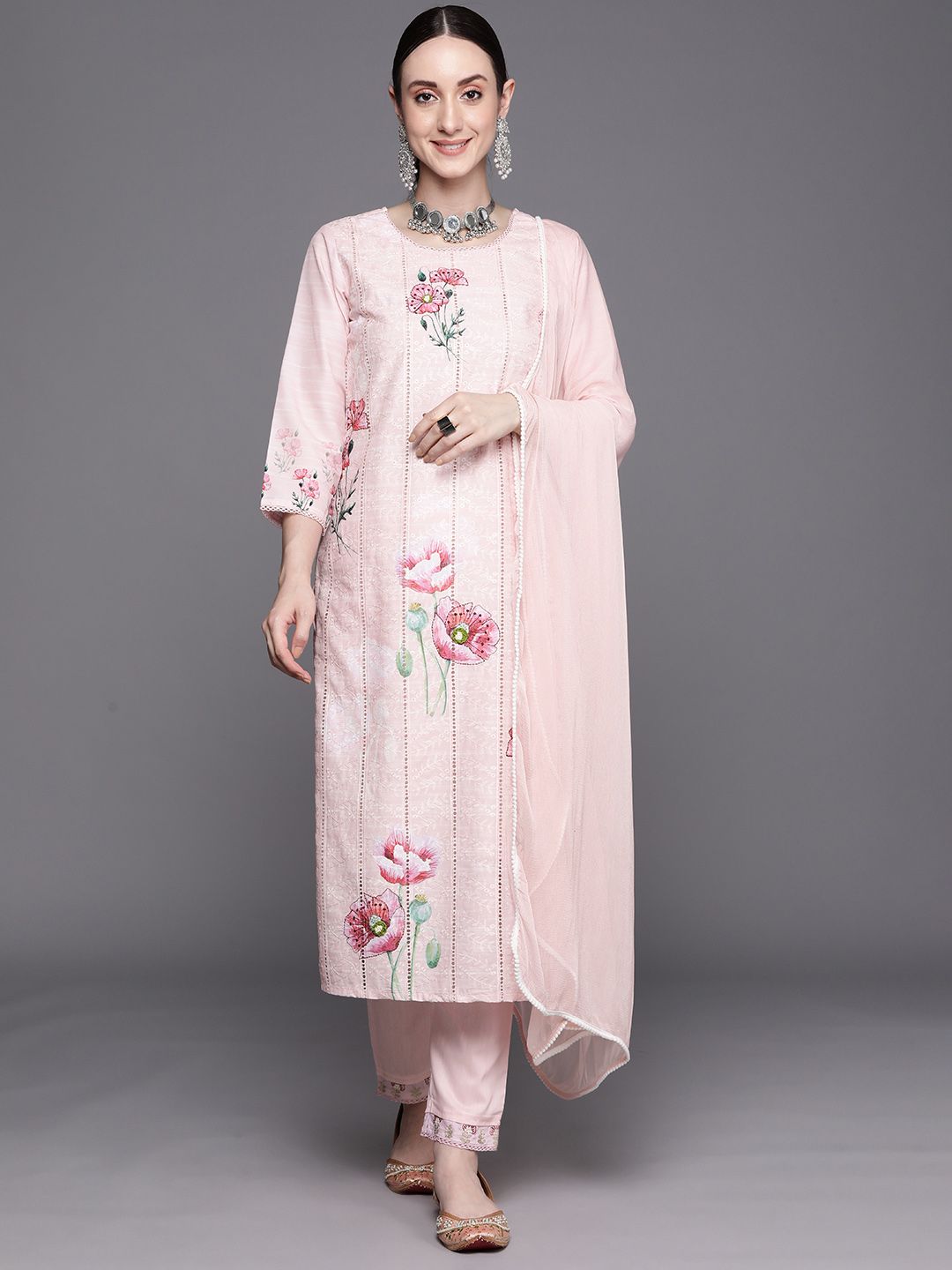Indo Era Floral Embroidered Regular Thread Work Pure Cotton Kurta With Trousers & Dupatta
