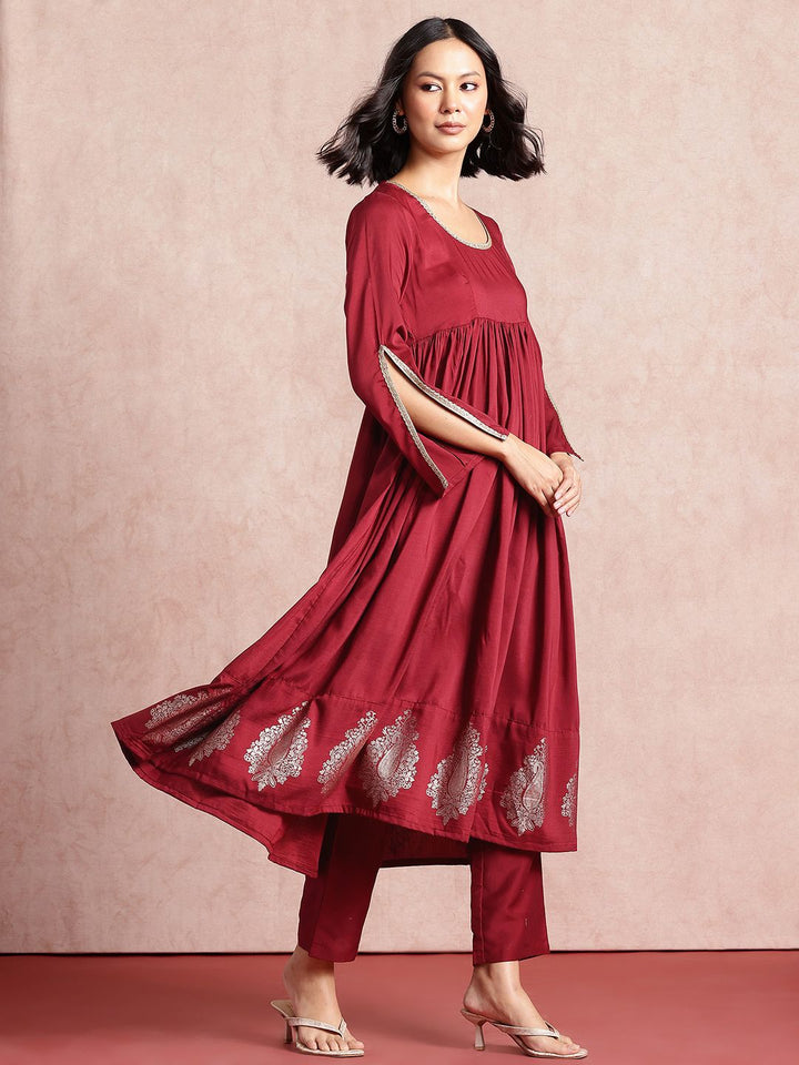 all about you Pleated Anarkali Kurta with Trousers & Dupatta