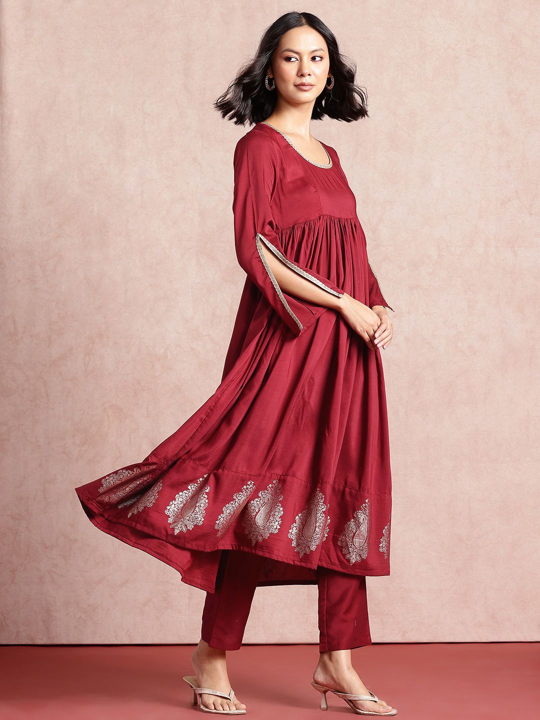 all about you Pleated Anarkali Kurta with Trousers & Dupatta