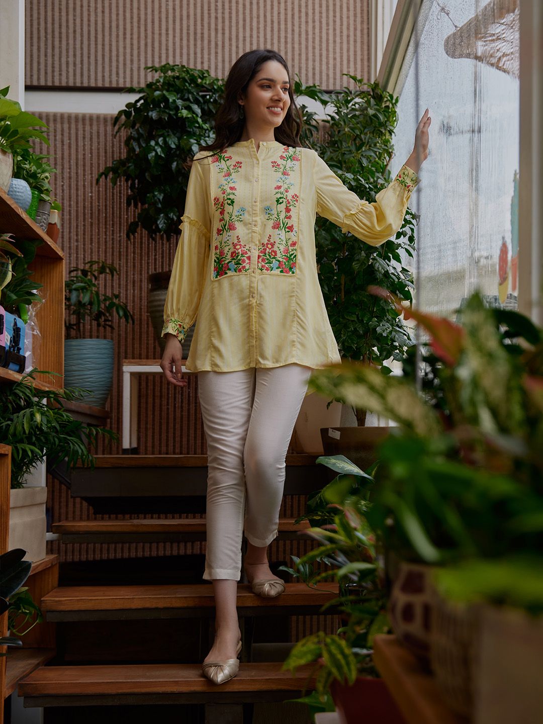 W Yellow & Red Floral Printed Mandarin Collar Shirt Style Longline Top