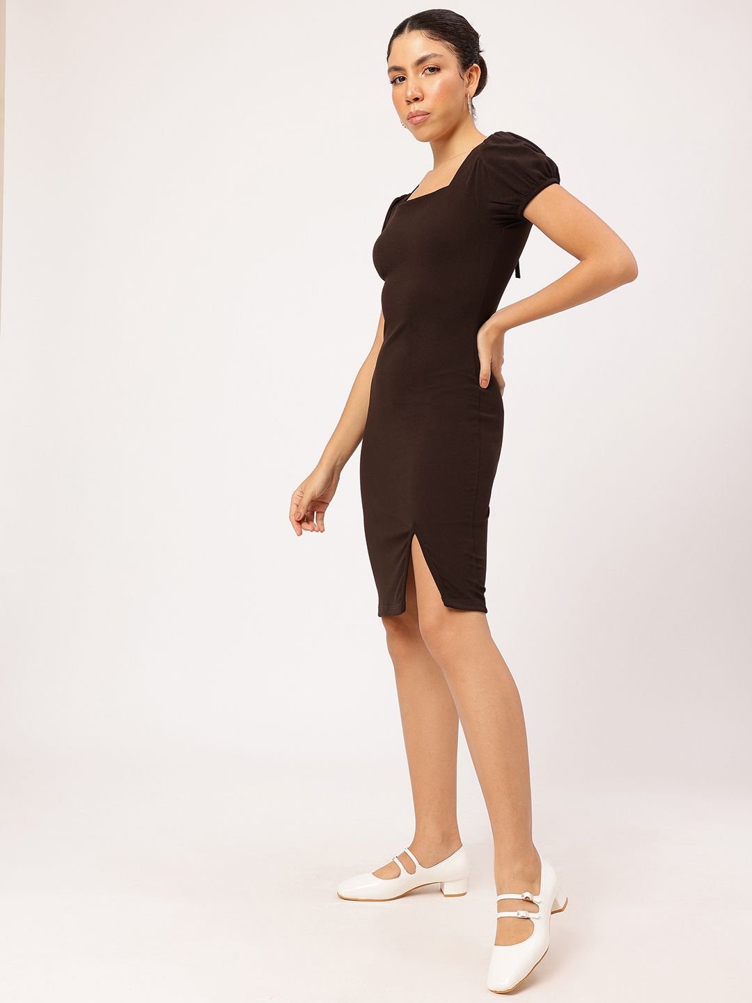 Dressberry Mocha Muse Slit-Detail Sheath Dress