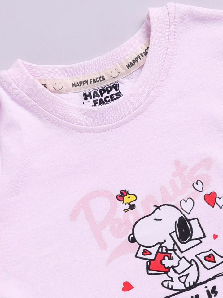 Happy Faces Girls Snoopy Print Drop-Shoulder Sleeves Pure Cotton T-shirt