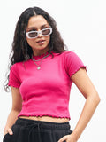 Sassafras Fuchsia Pink Ribbed High Neck Fitted Crop Top