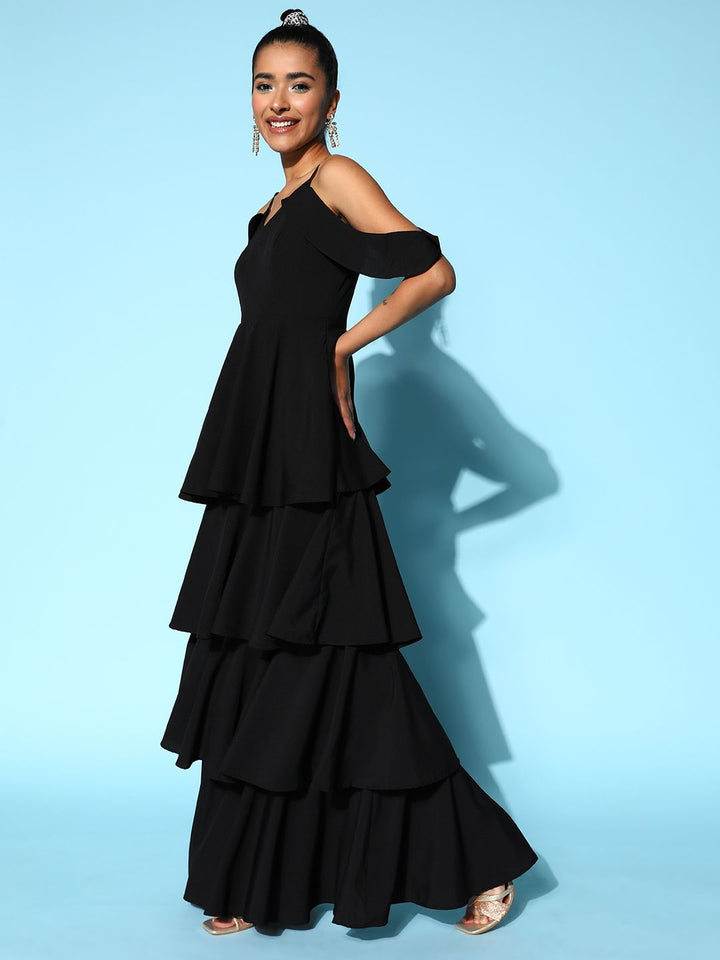 Berrylush Black Crepe Cold-Shoulder Sleeves Tiered Maxi Dress