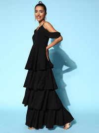 Berrylush Black Crepe Cold-Shoulder Sleeves Tiered Maxi Dress